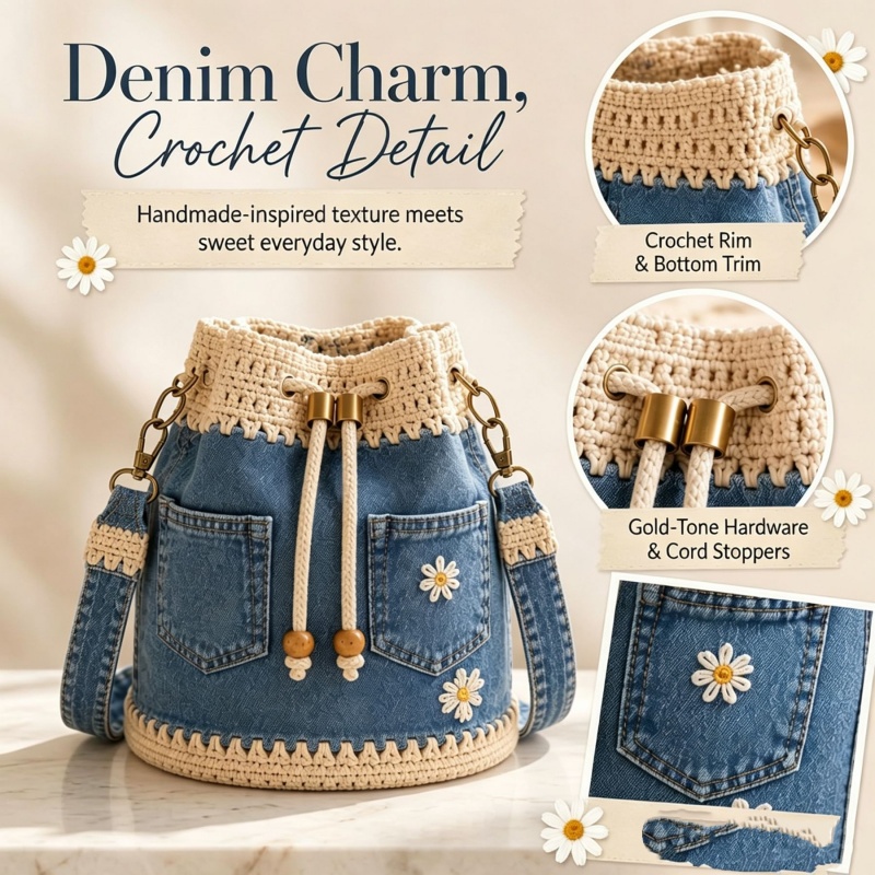 Crochet Market Bag - Torba typu bucket bag z denimu,