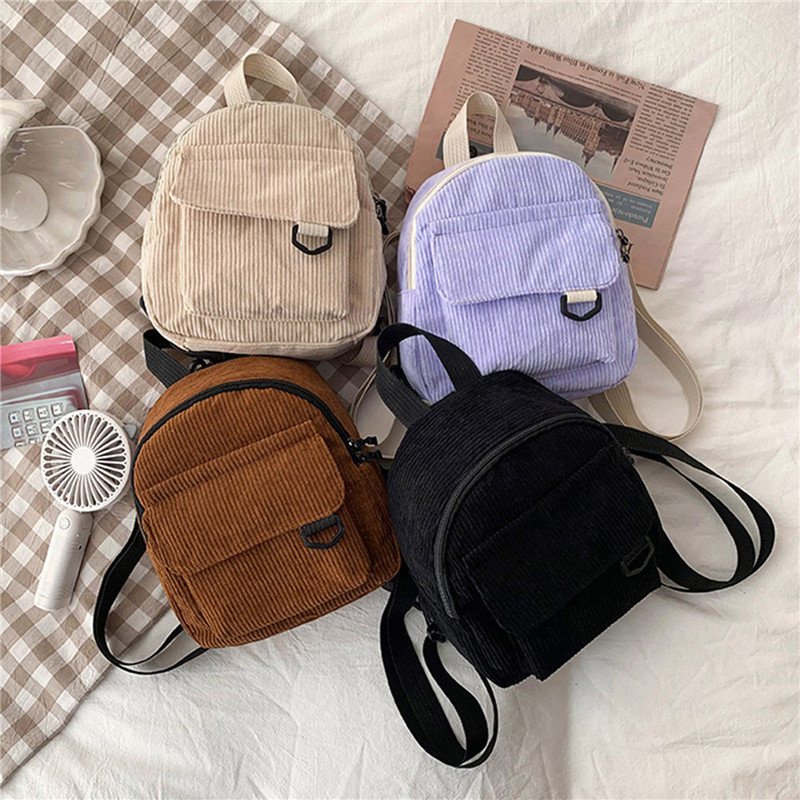 Mini Backpack Women - Jednokolorowy mini plecak sztruksowe małe plecaki